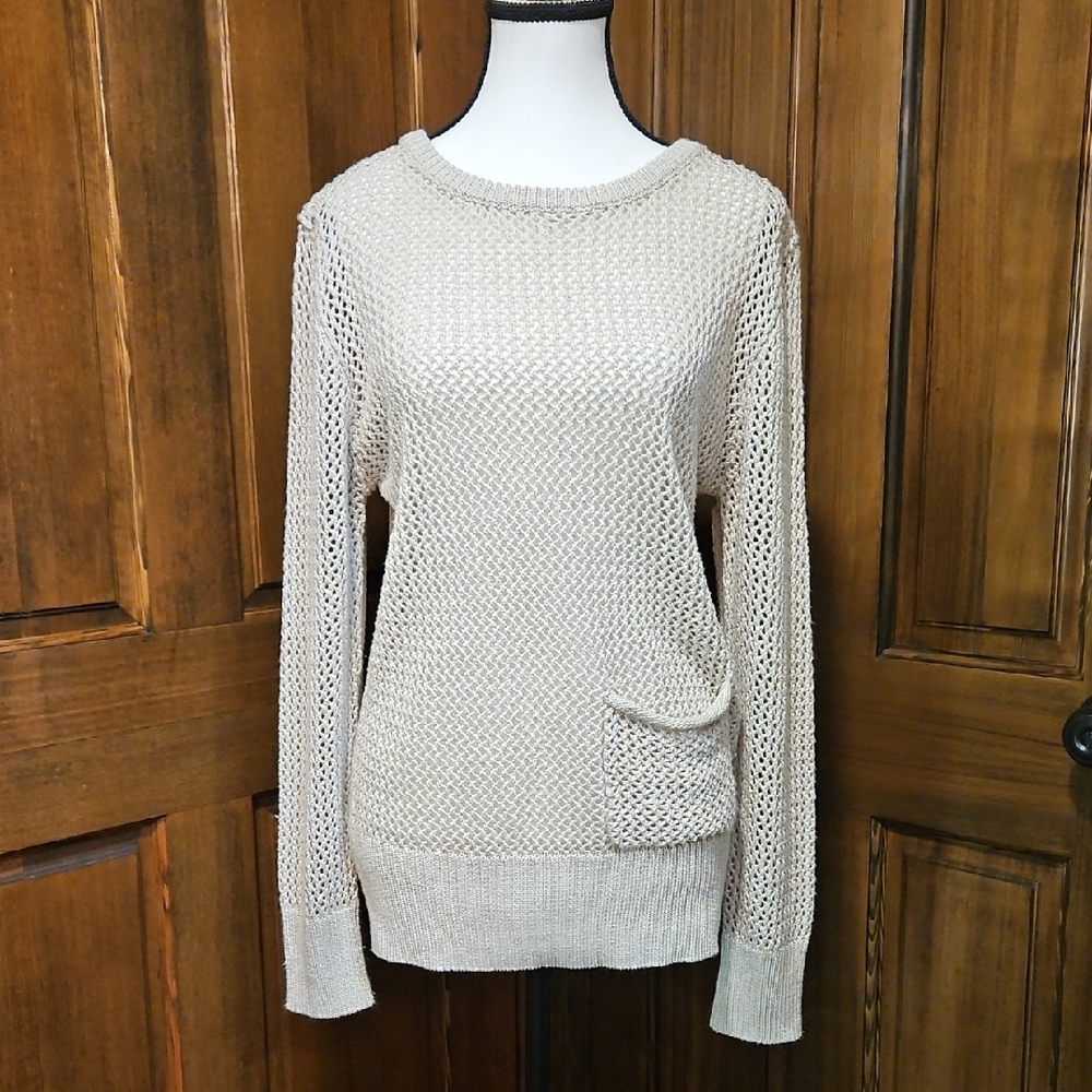 Sisters Open Knit Sweater Pull Over Scoop Neck Pocket Ribbed Edges Tan  Size M